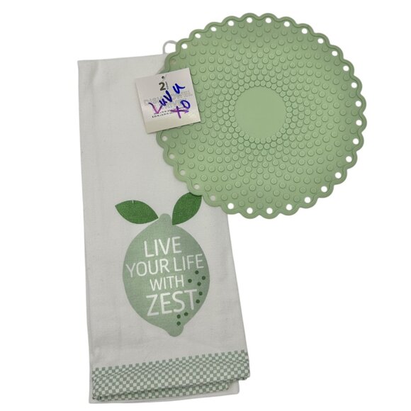 Kitchen Dish Towel and Silicone Trivet Set 2-Piece Green White Cotton Silicone - Picture 1 of 7